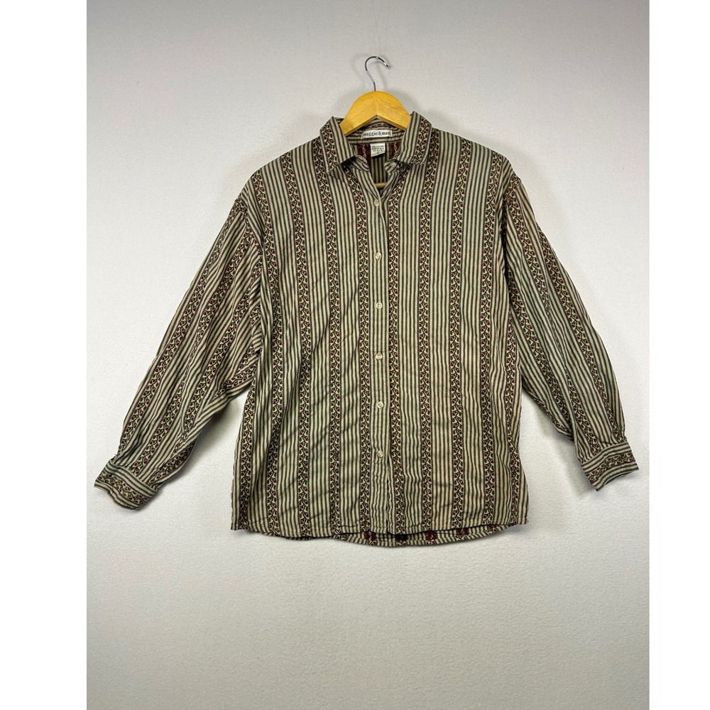 Cottagecore Indie Maggie & Max Womens M Beige Floral Striped Cotton Shirt